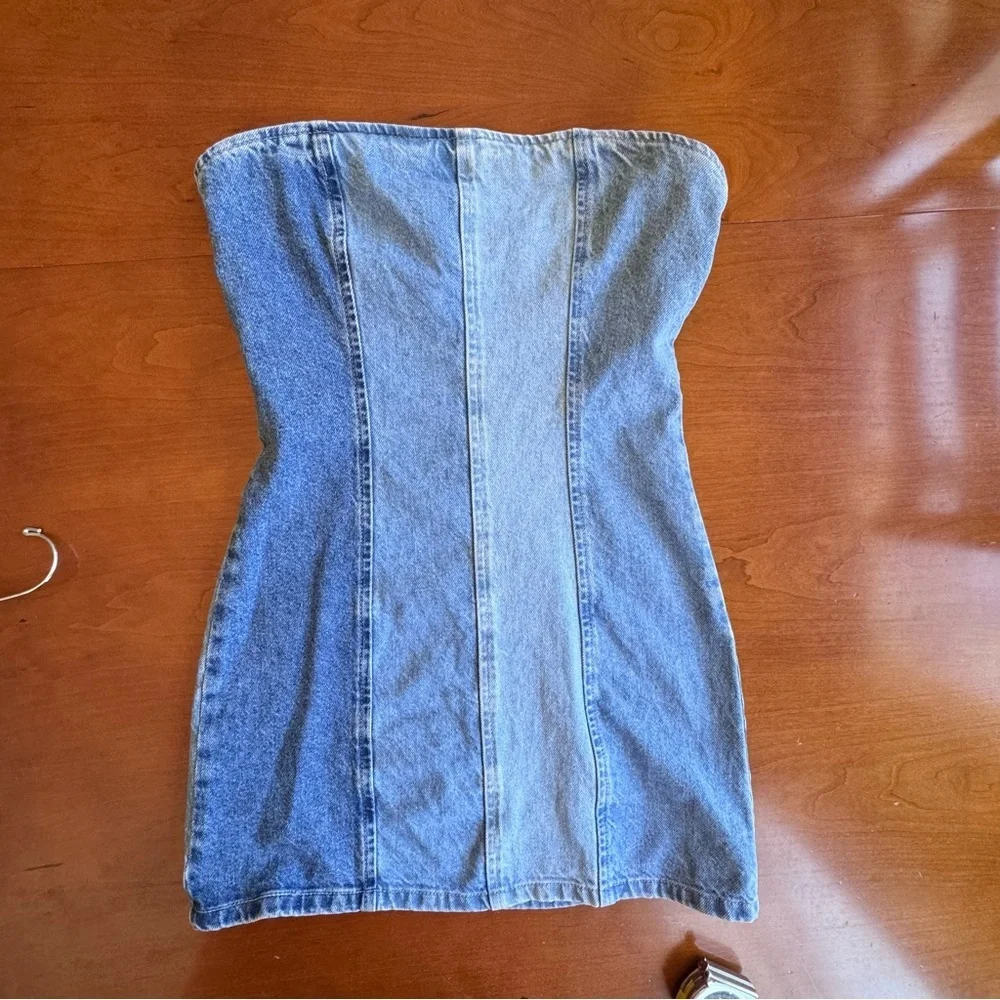 PrettyLittleThing Denim Cotton Patchwork Strapless Mini Dress Blue Stripe